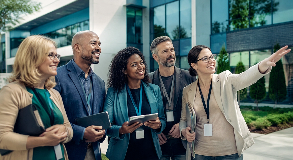 Partners standing outside a modern office building