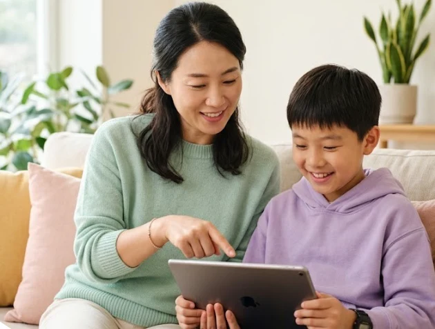 A mother and her son looking at a tablet together